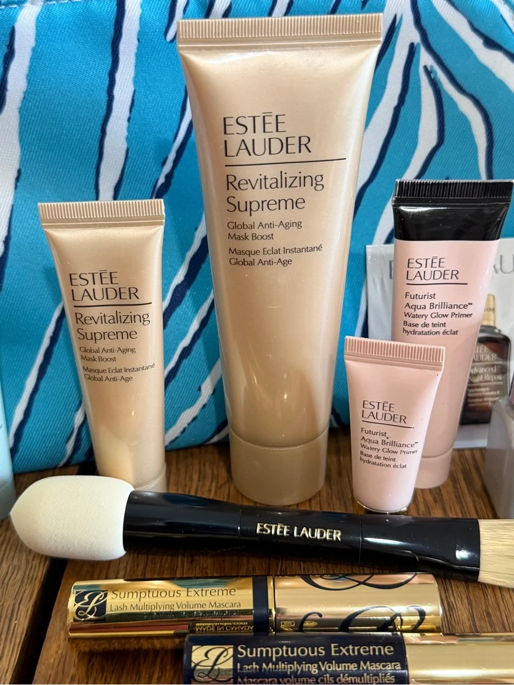 Estée Lauder Travel Makeup Kit with Blue Zebra Pouch - Gold and Pink Accents